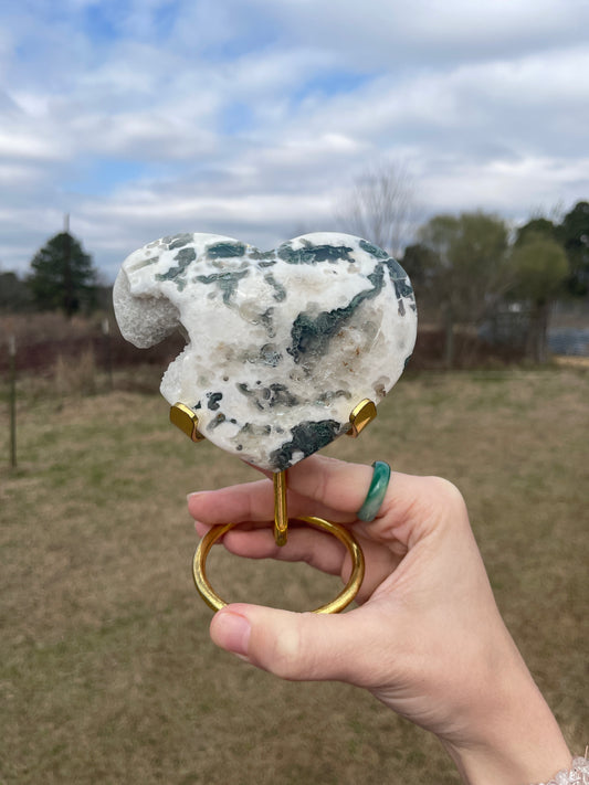 Druzy Moss Agate Heart Carving