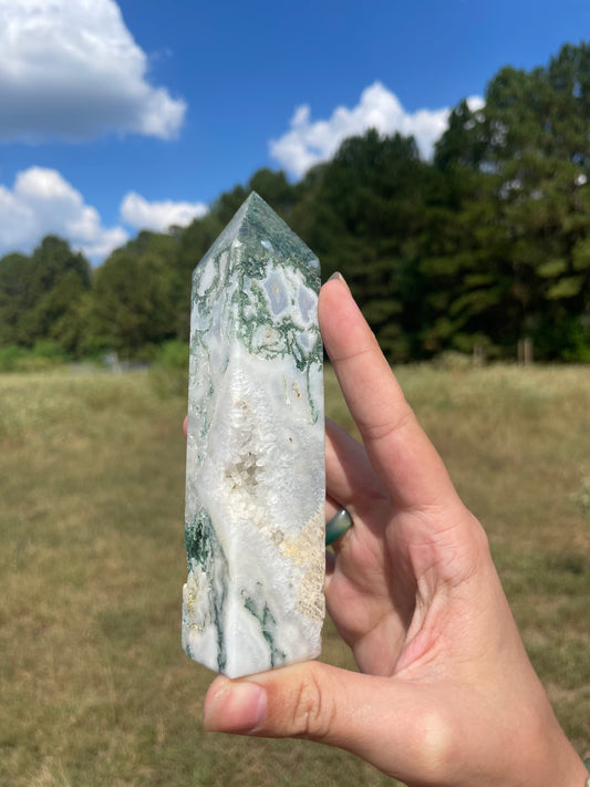 Large Druzy Moss Agate tower (imperfect)