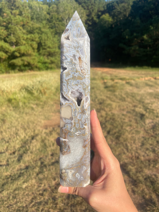 Large Druzy Moss agate tall tower