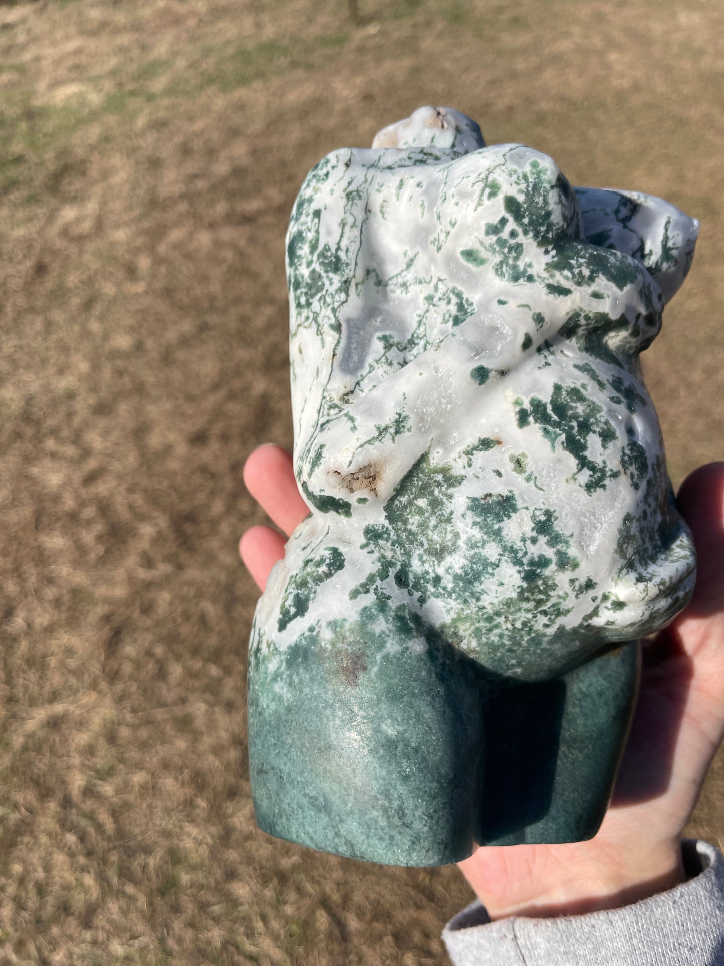 XXL Druzy Moss Agate Pregnant Goddess Carving (lady body)