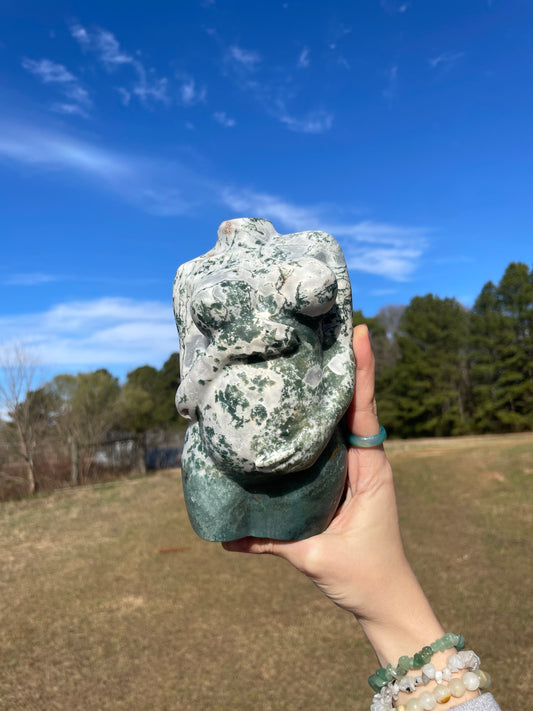 XXL Druzy Moss Agate Pregnant Goddess Carving (lady body)