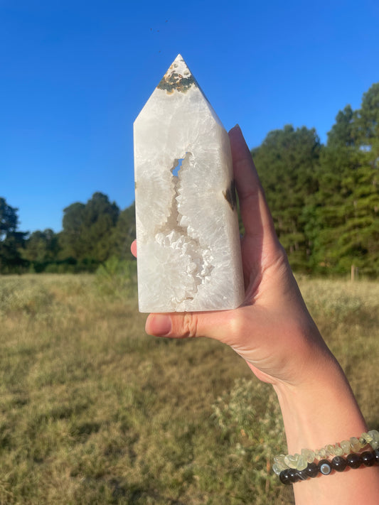 Large druzy moss agate thick tower ✨