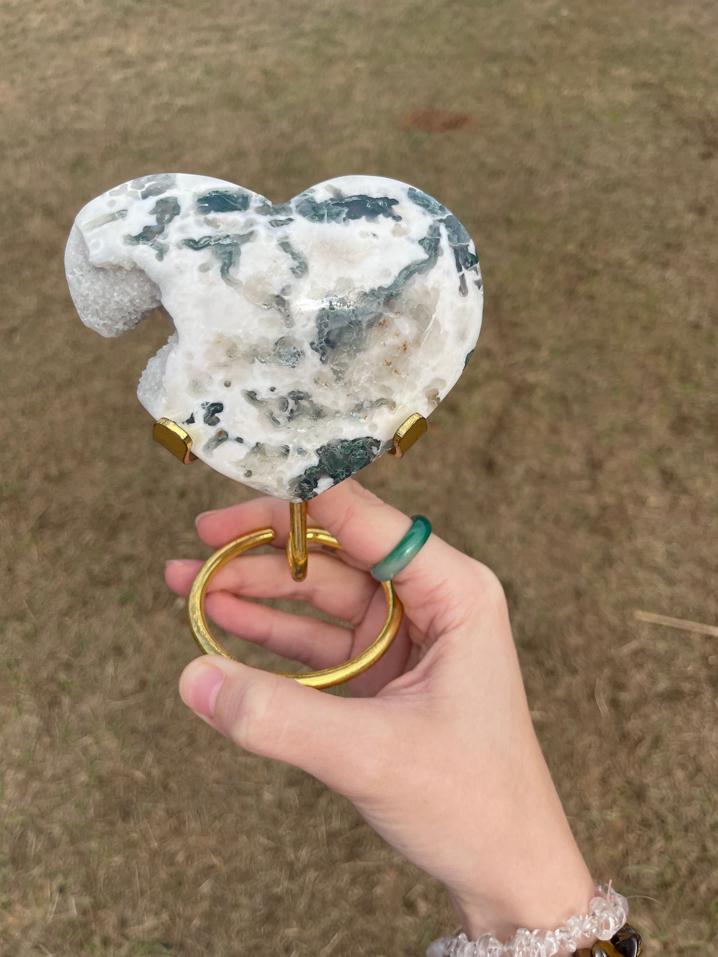 Druzy Moss Agate Heart Carving