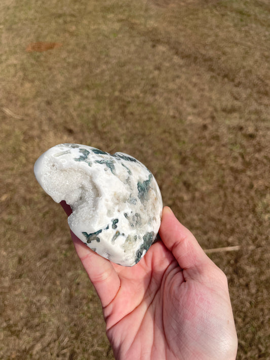 Druzy Moss Agate Heart Carving