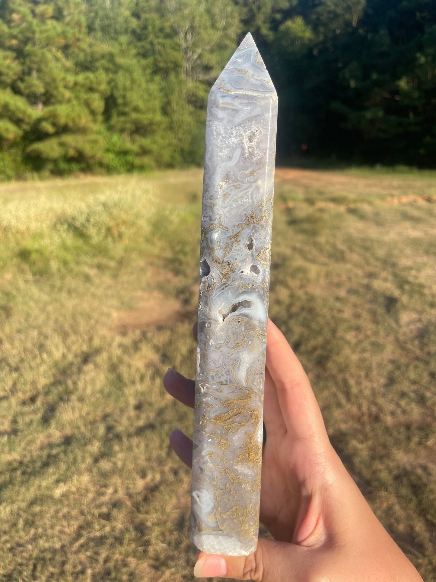 Large Druzy Moss agate tall tower