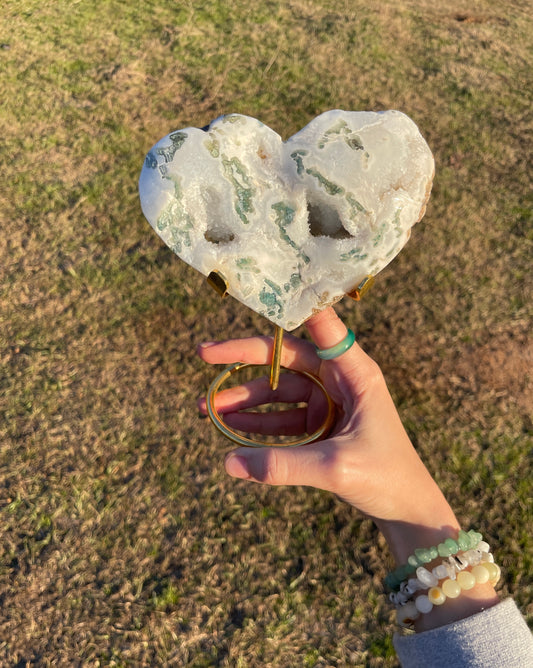 Druzy Moss Agate XLarge Heart Carving