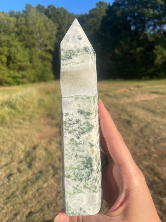 Large druzy moss agate tall tower