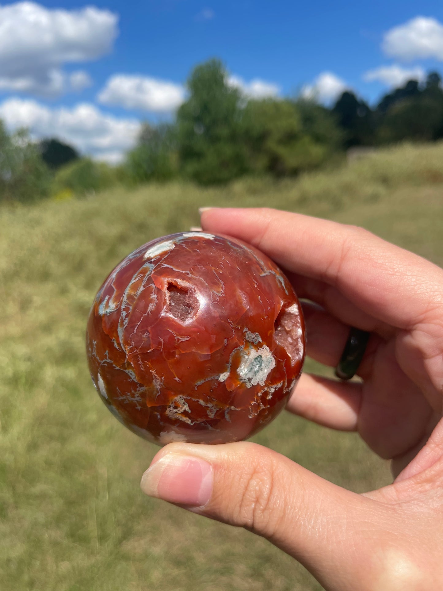 Druzy Red/Carnelian Moss Agate Sphere