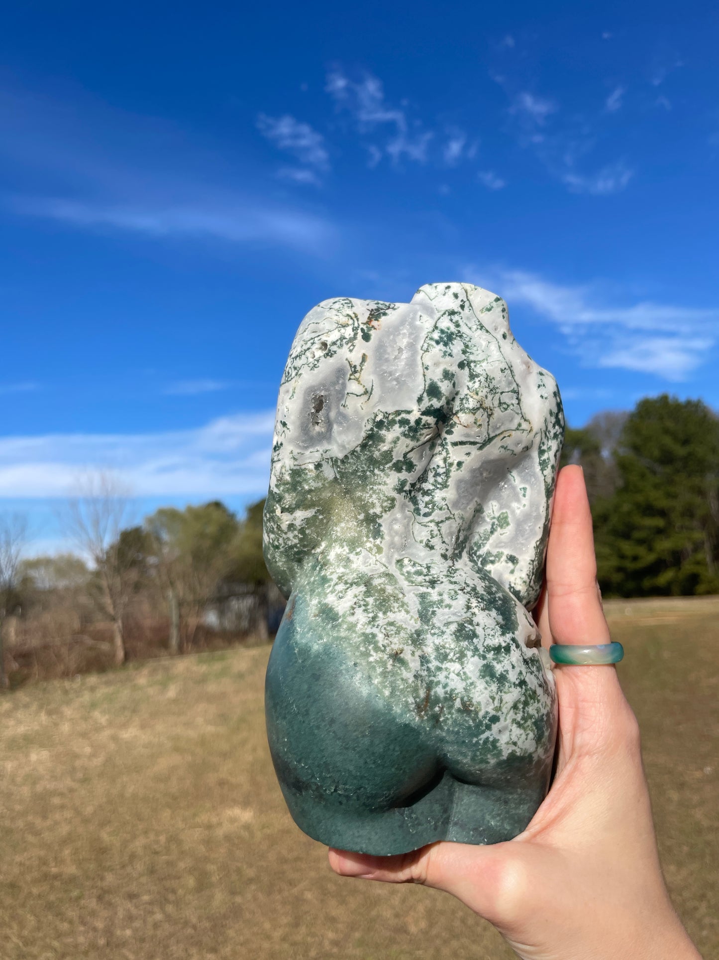 XXL Druzy Moss Agate Pregnant Goddess Carving (lady body)