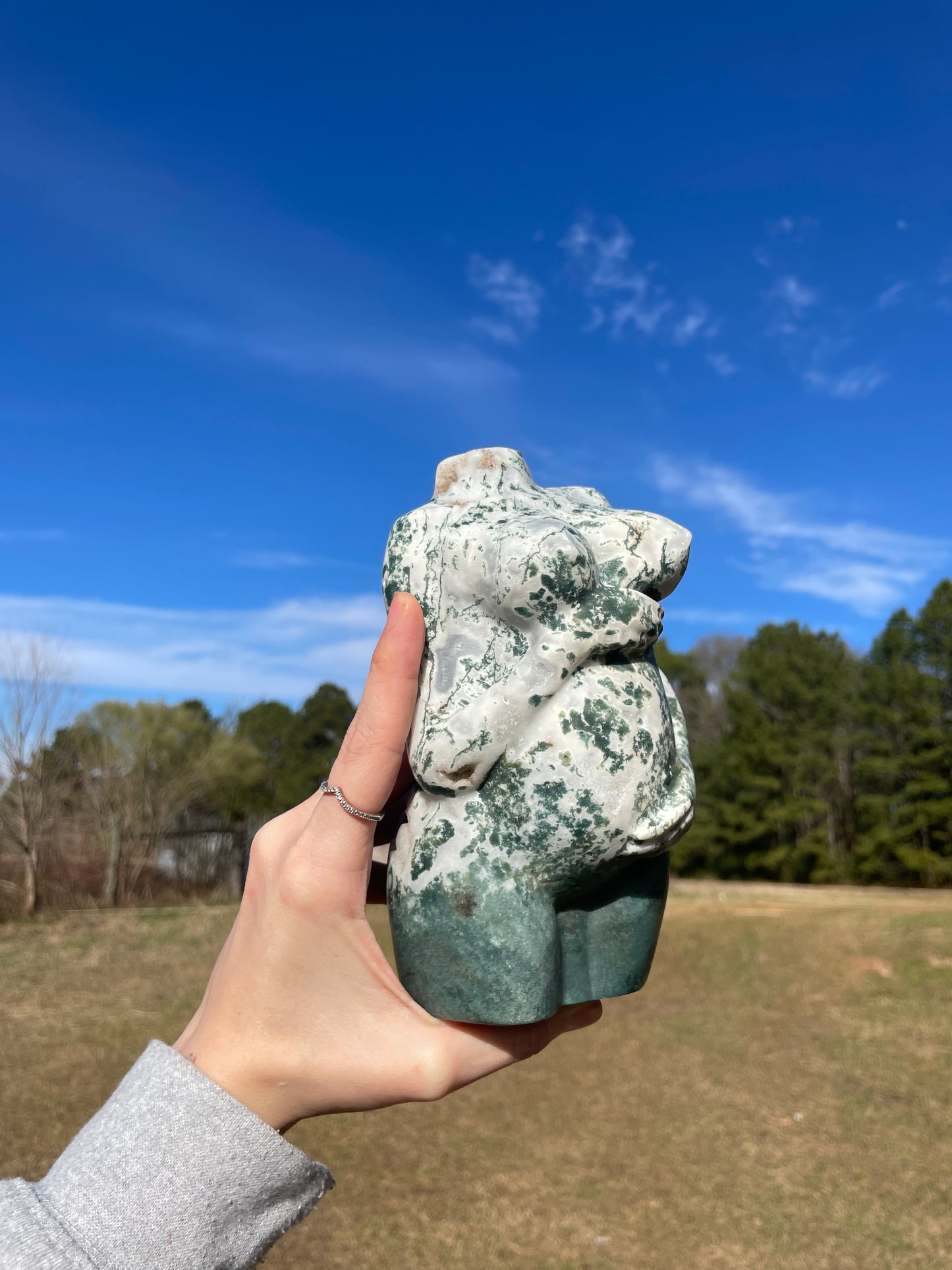 XXL Druzy Moss Agate Pregnant Goddess Carving (lady body)