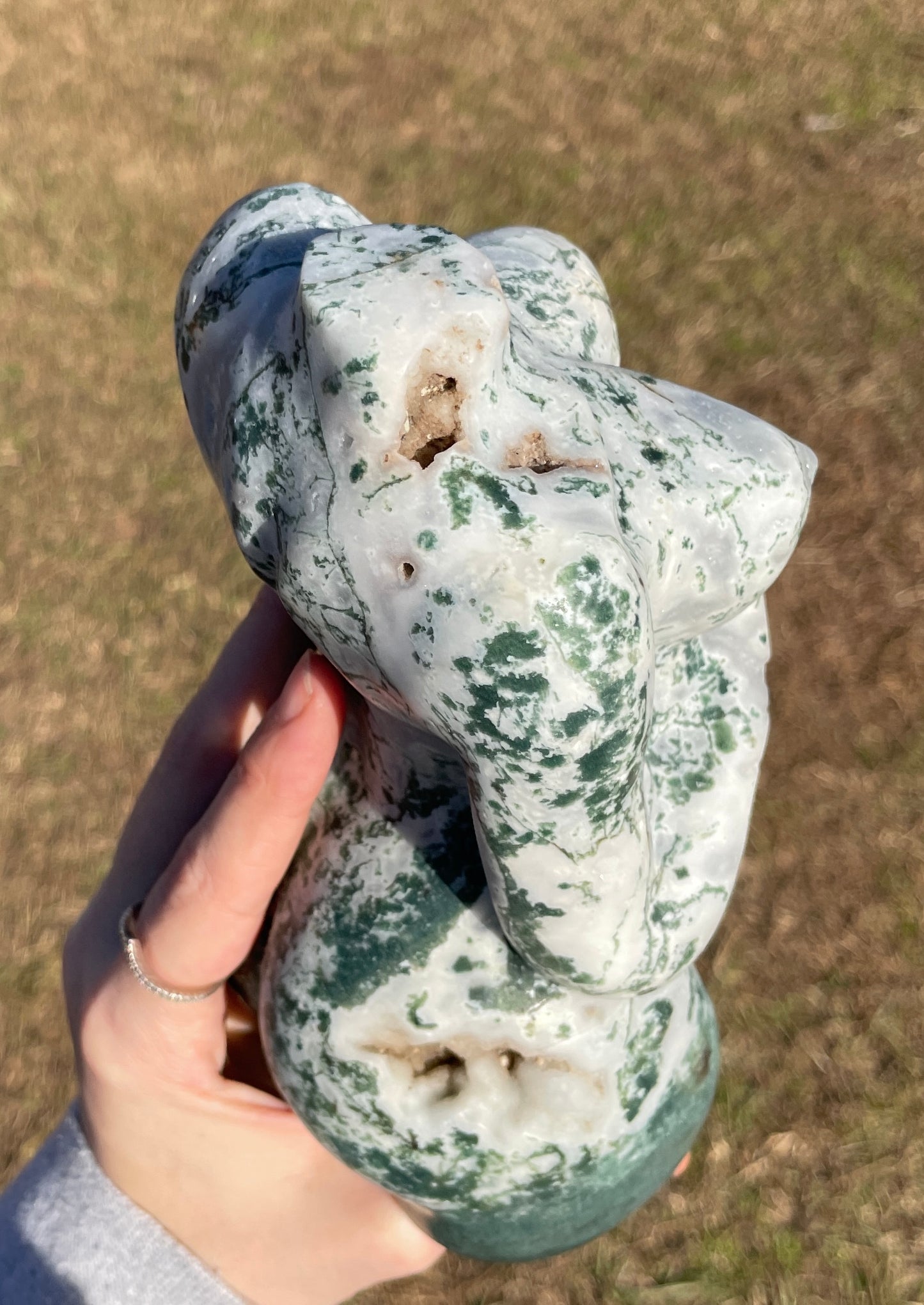 XXL Druzy Moss Agate Pregnant Goddess Carving (lady body)