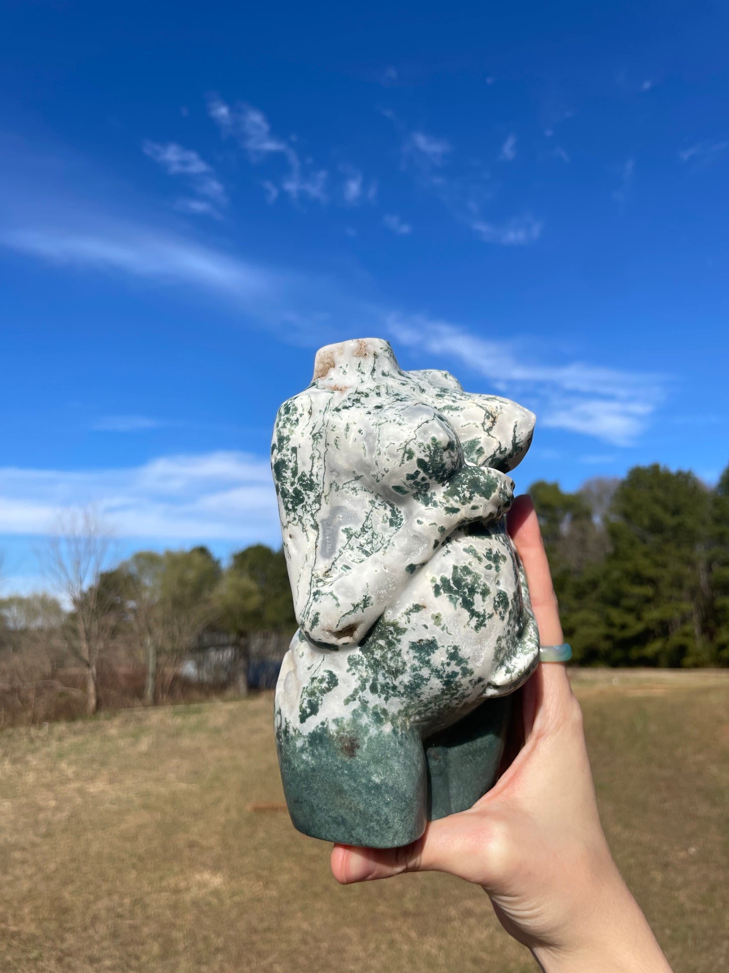 XXL Druzy Moss Agate Pregnant Goddess Carving (lady body)