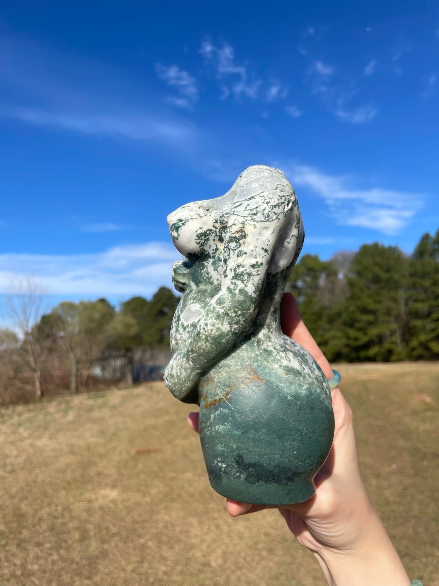 XXL Druzy Moss Agate Pregnant Goddess Carving (lady body)
