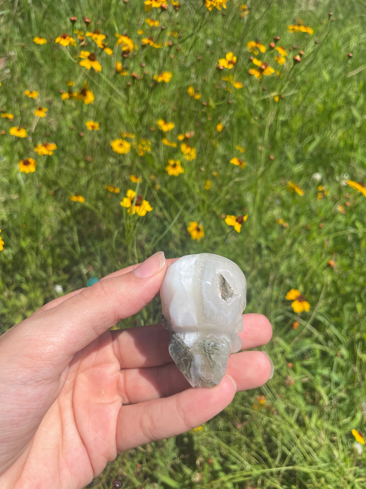 Moss Agate Druzy Skull small Carving