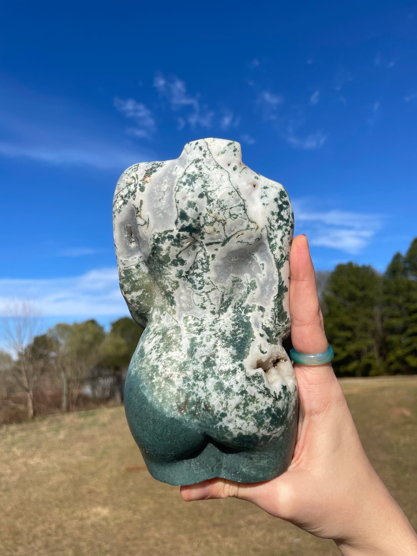 XXL Druzy Moss Agate Pregnant Goddess Carving (lady body)