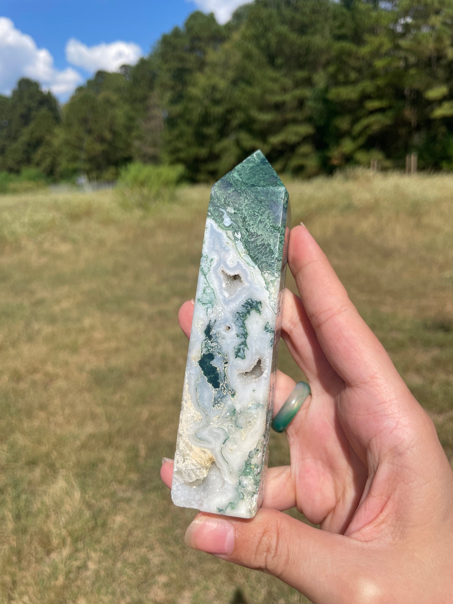 Large Druzy Moss Agate tower (imperfect)