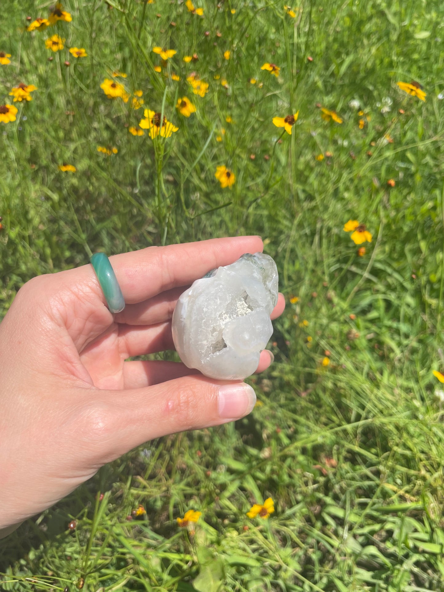 Moss Agate Druzy Skull small Carving