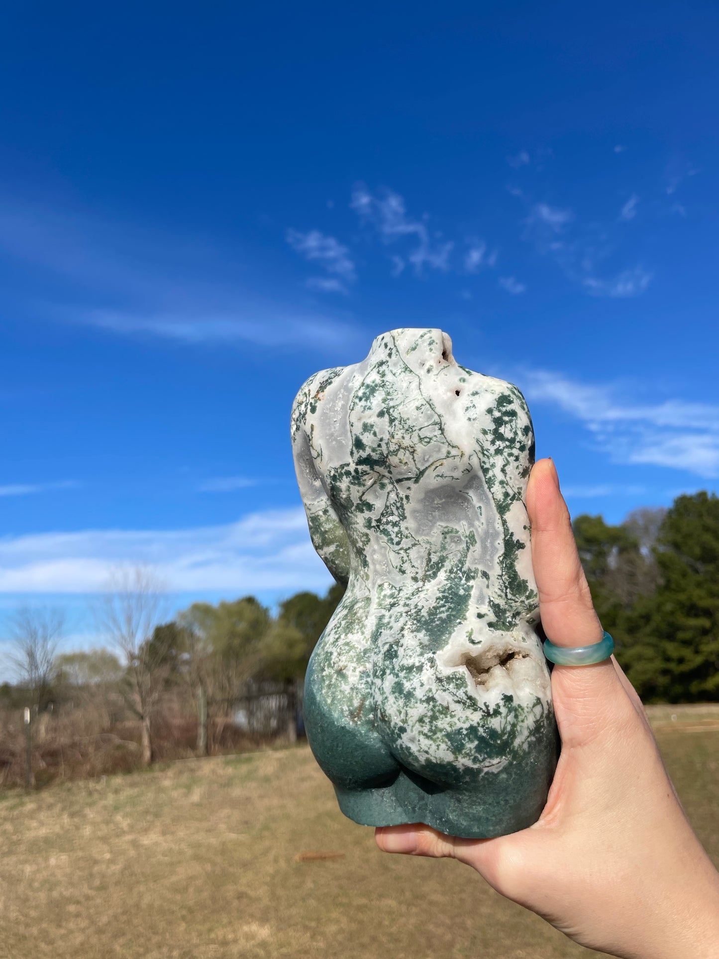 XXL Druzy Moss Agate Pregnant Goddess Carving (lady body)