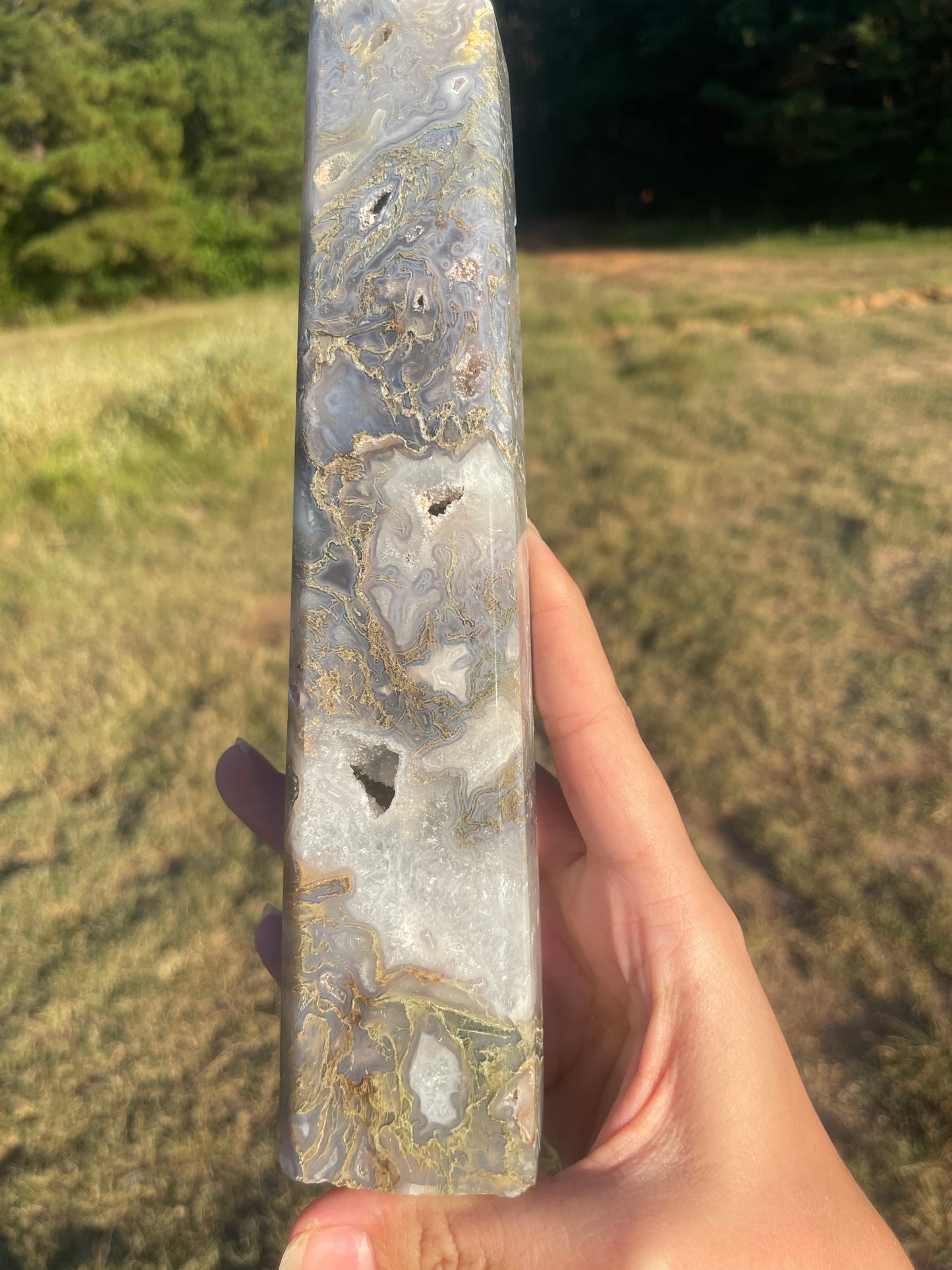 Large Druzy Moss agate tall tower