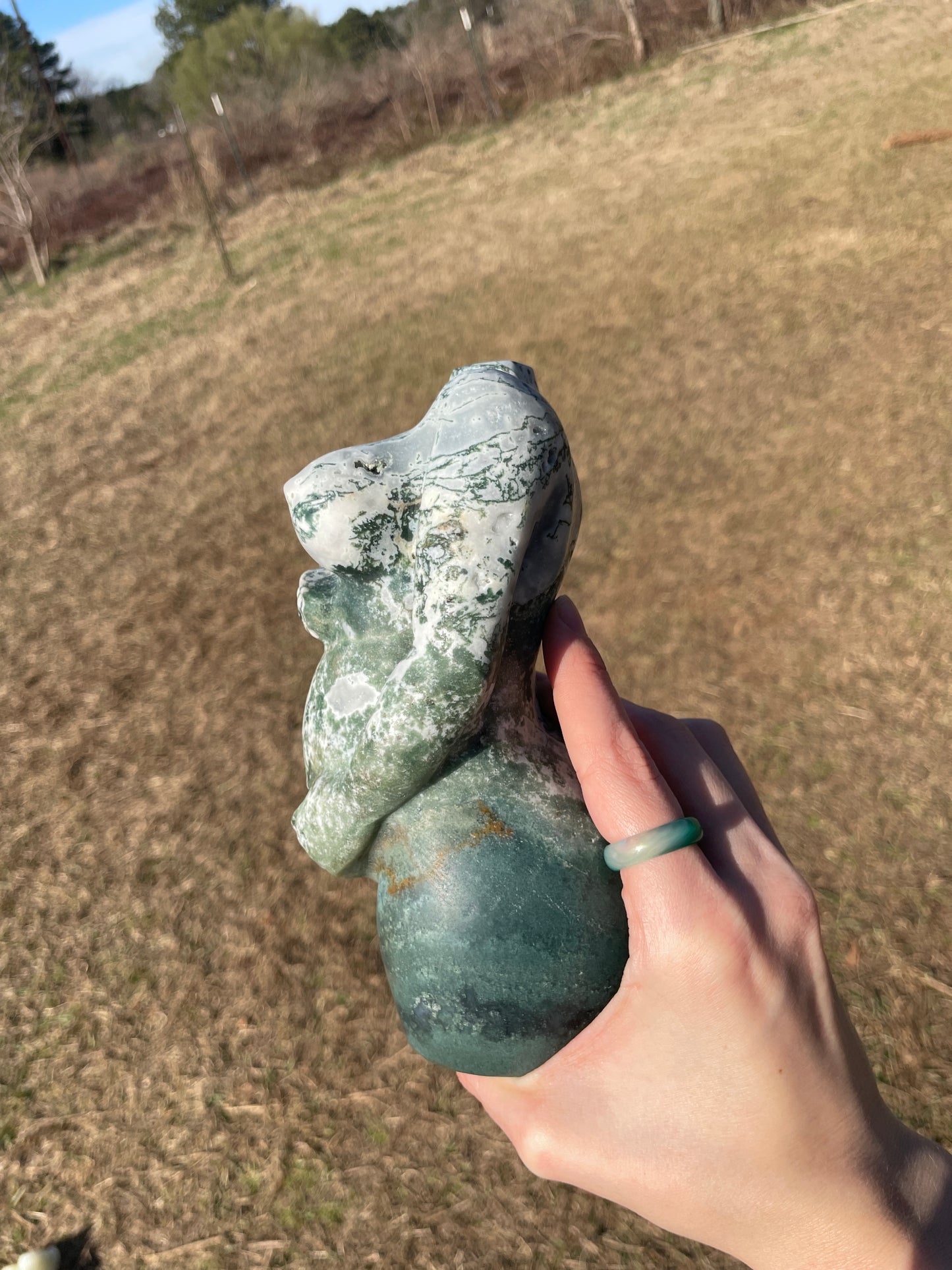 XXL Druzy Moss Agate Pregnant Goddess Carving (lady body)