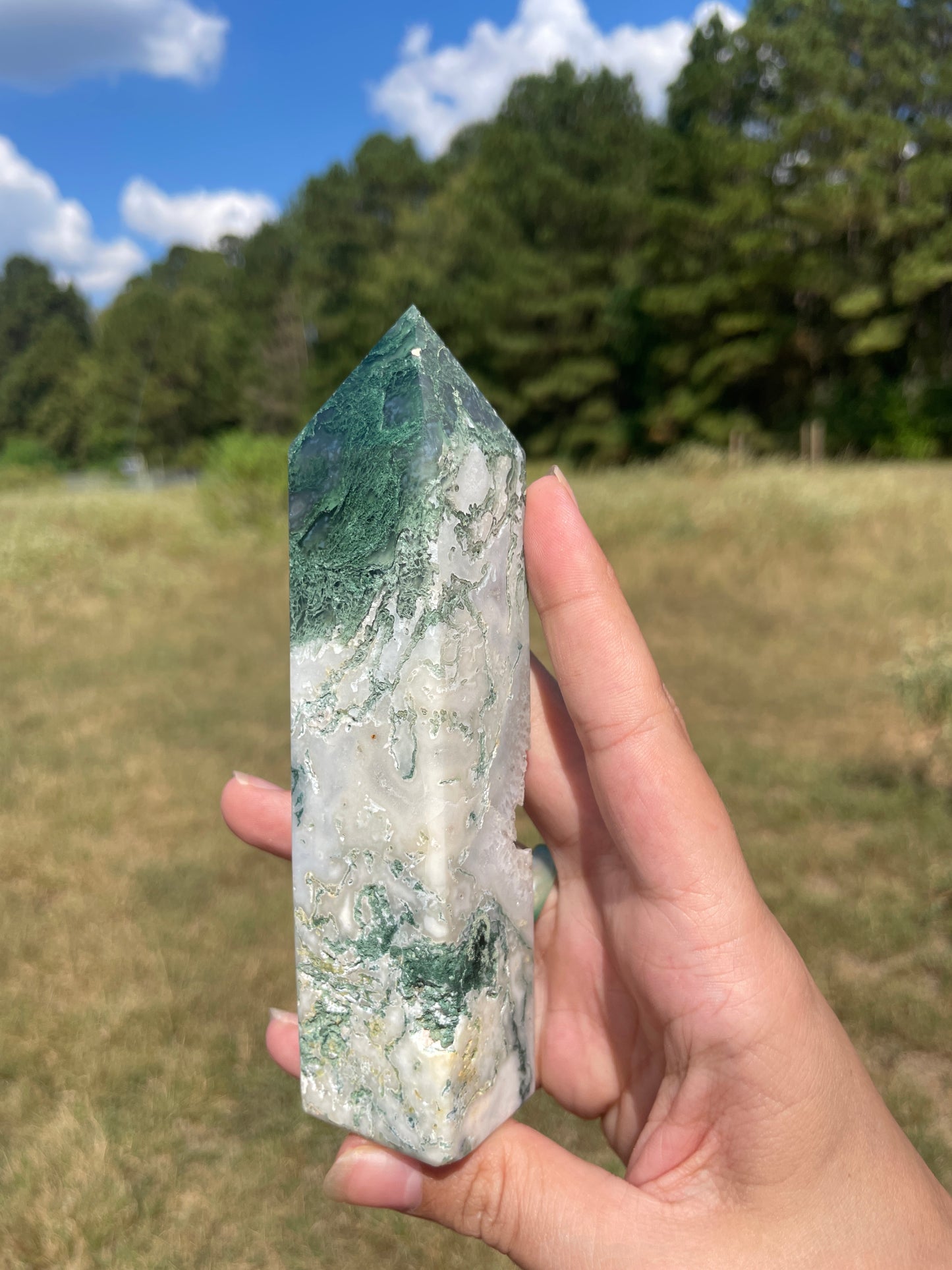 Large Druzy Moss Agate tower (imperfect)