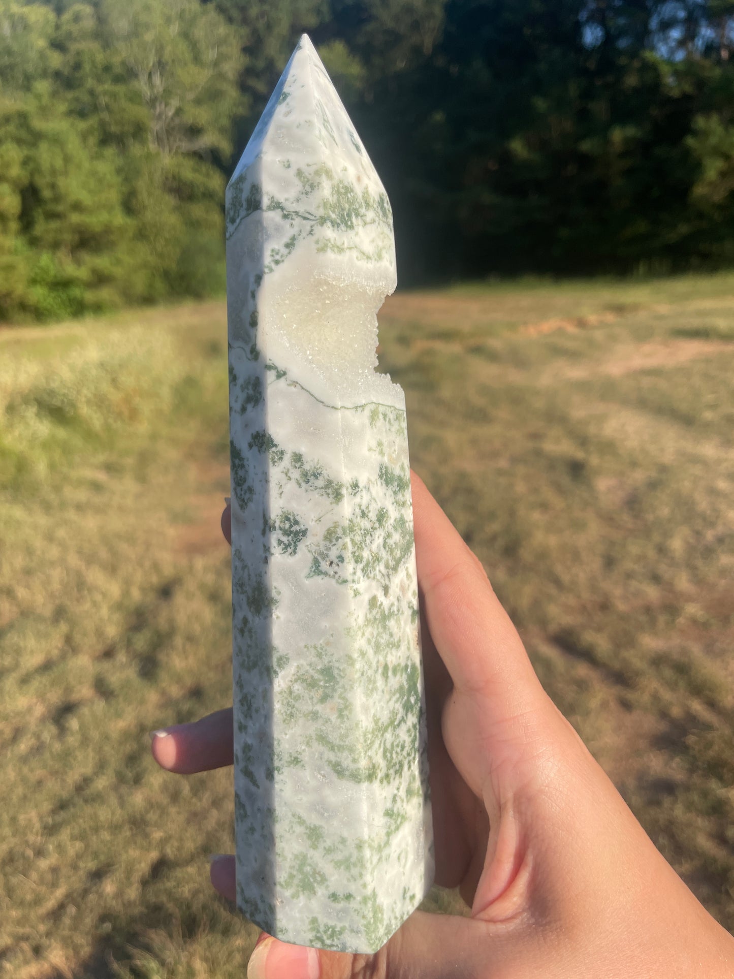 Large druzy moss agate tall tower