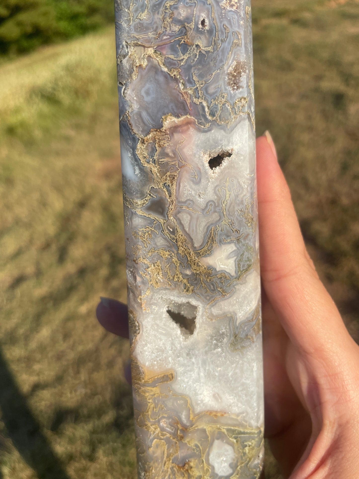 Large Druzy Moss agate tall tower