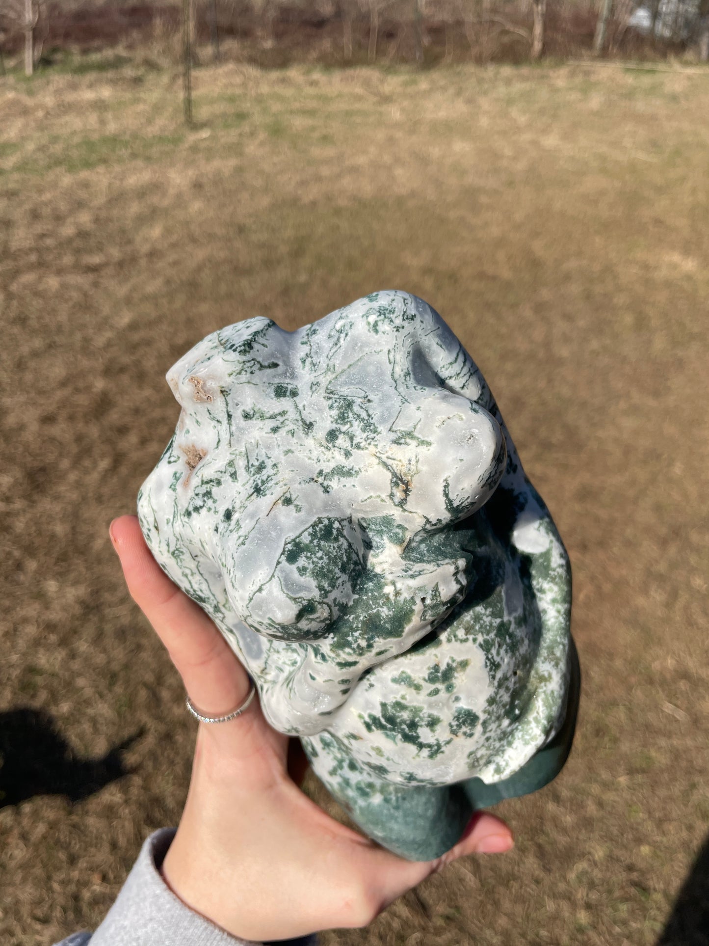 XXL Druzy Moss Agate Pregnant Goddess Carving (lady body)