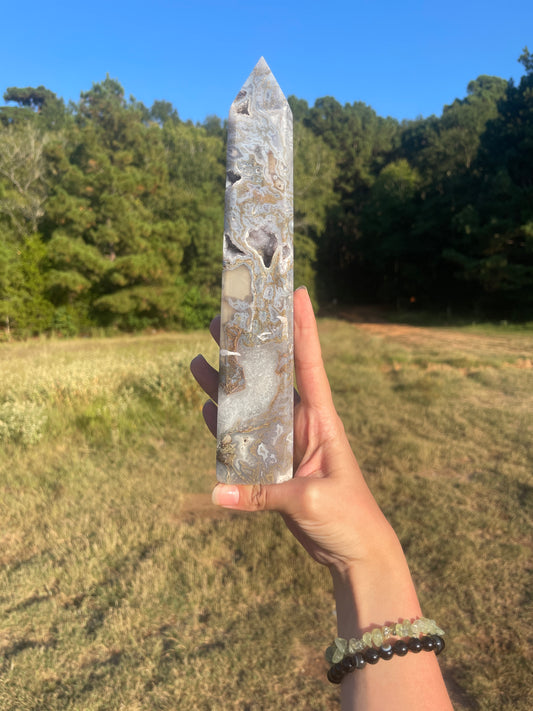 Large Druzy Moss agate tall tower
