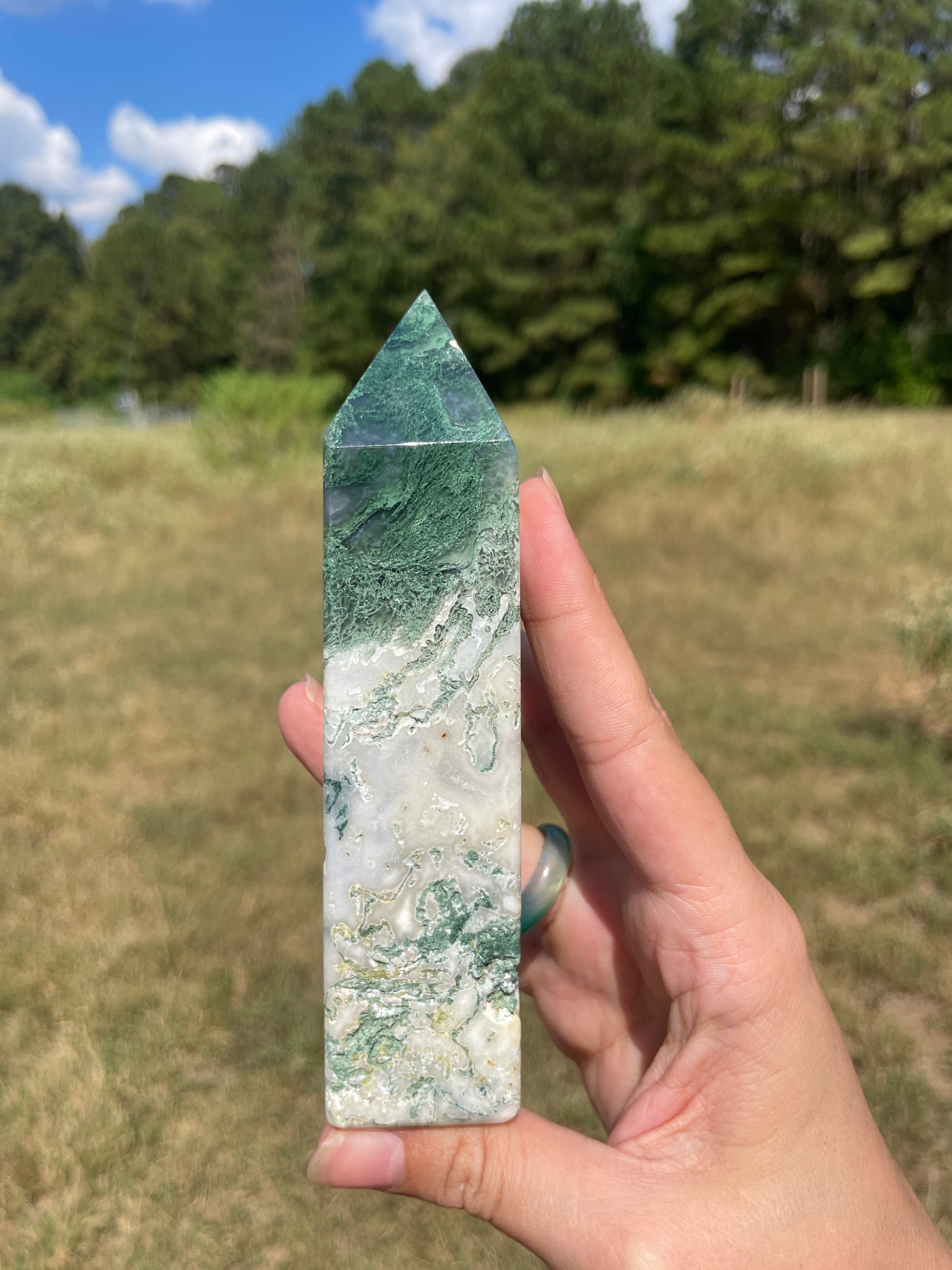 Large Druzy Moss Agate tower (imperfect)