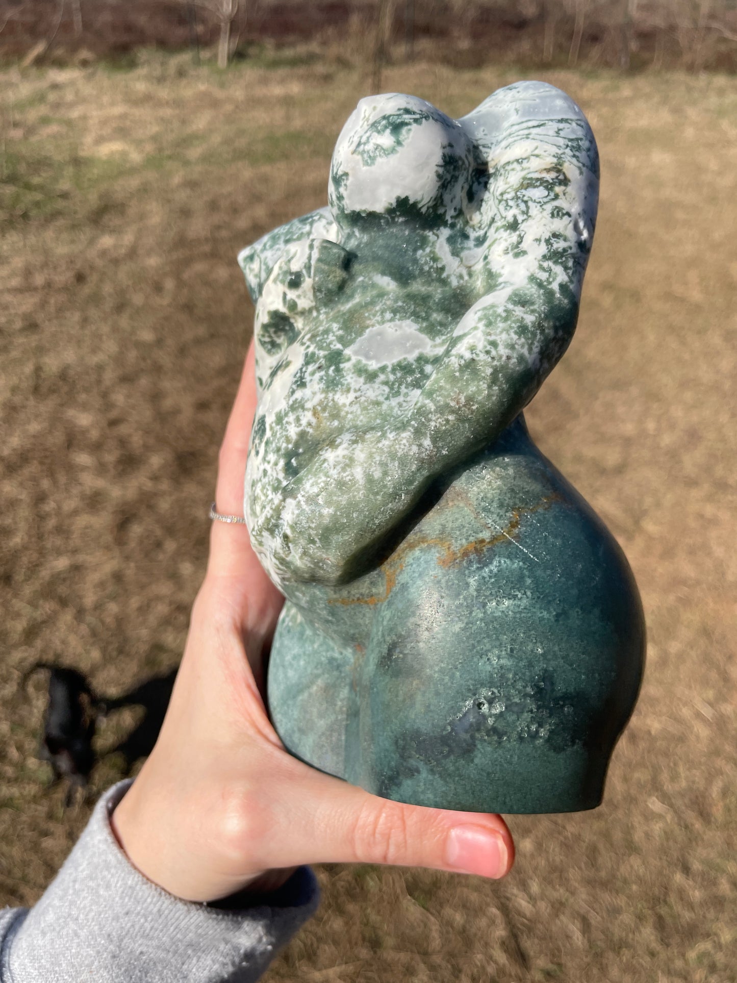 XXL Druzy Moss Agate Pregnant Goddess Carving (lady body)
