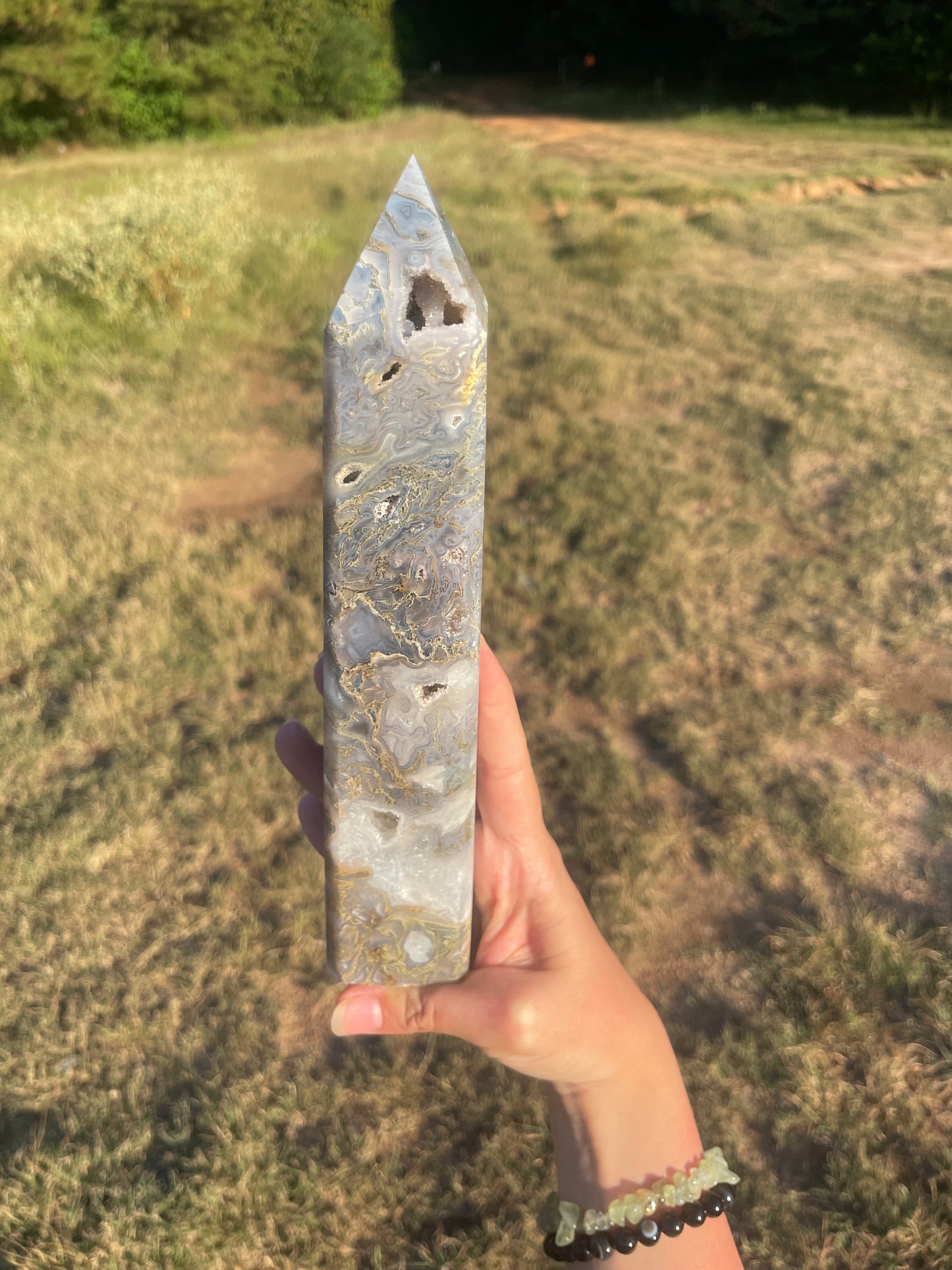 Large Druzy Moss agate tall tower