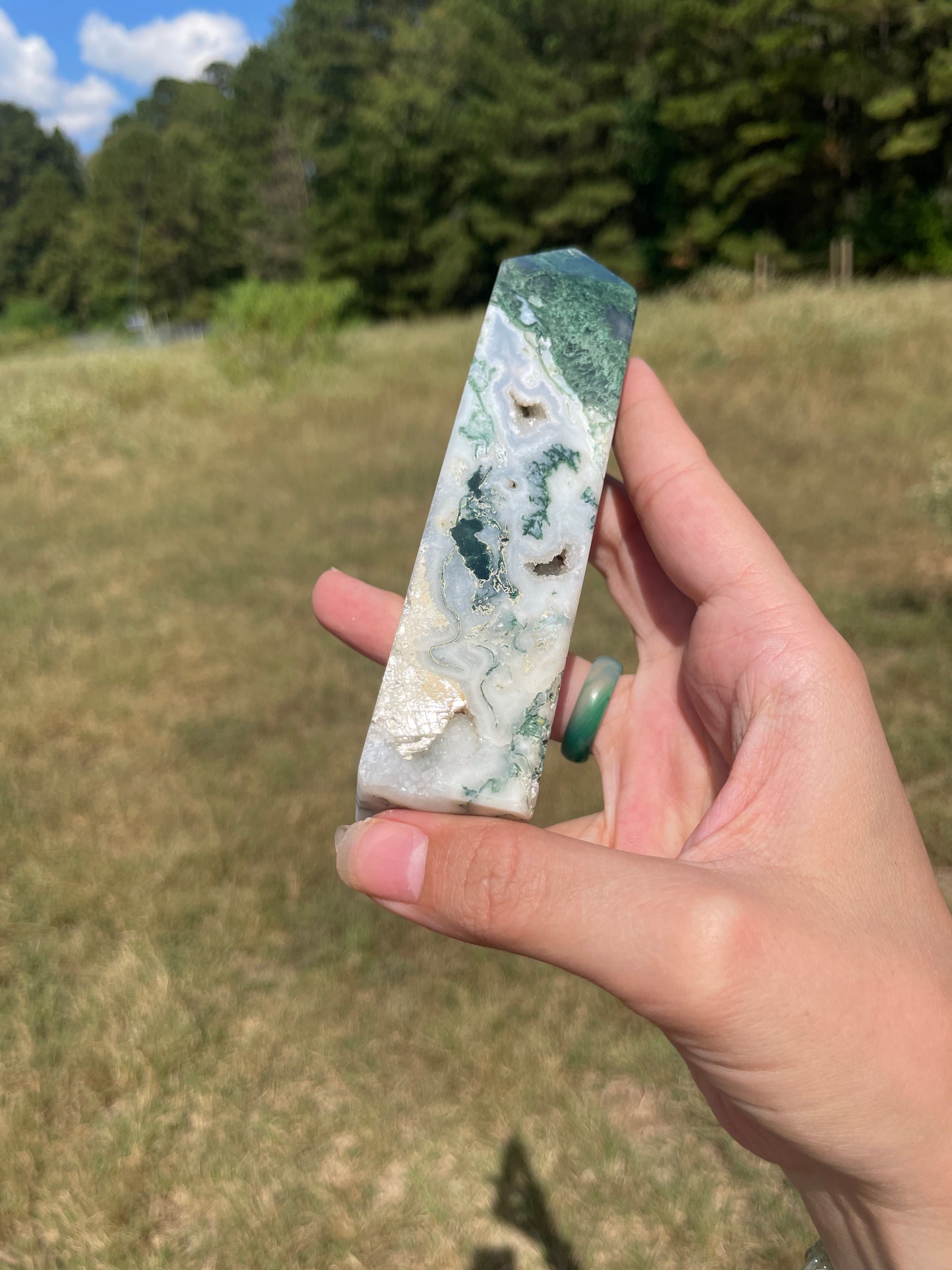 Large Druzy Moss Agate tower (imperfect)
