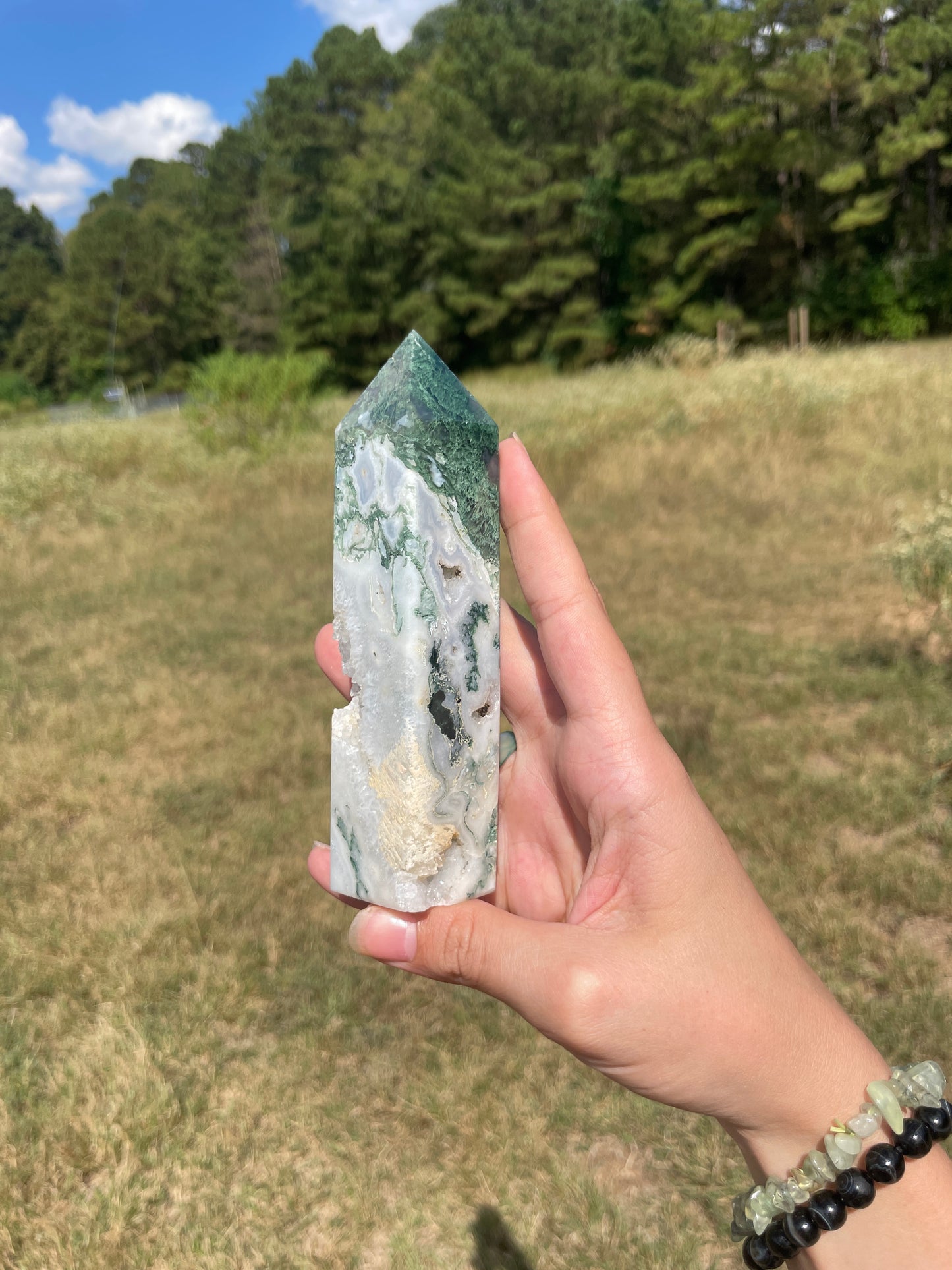 Large Druzy Moss Agate tower (imperfect)