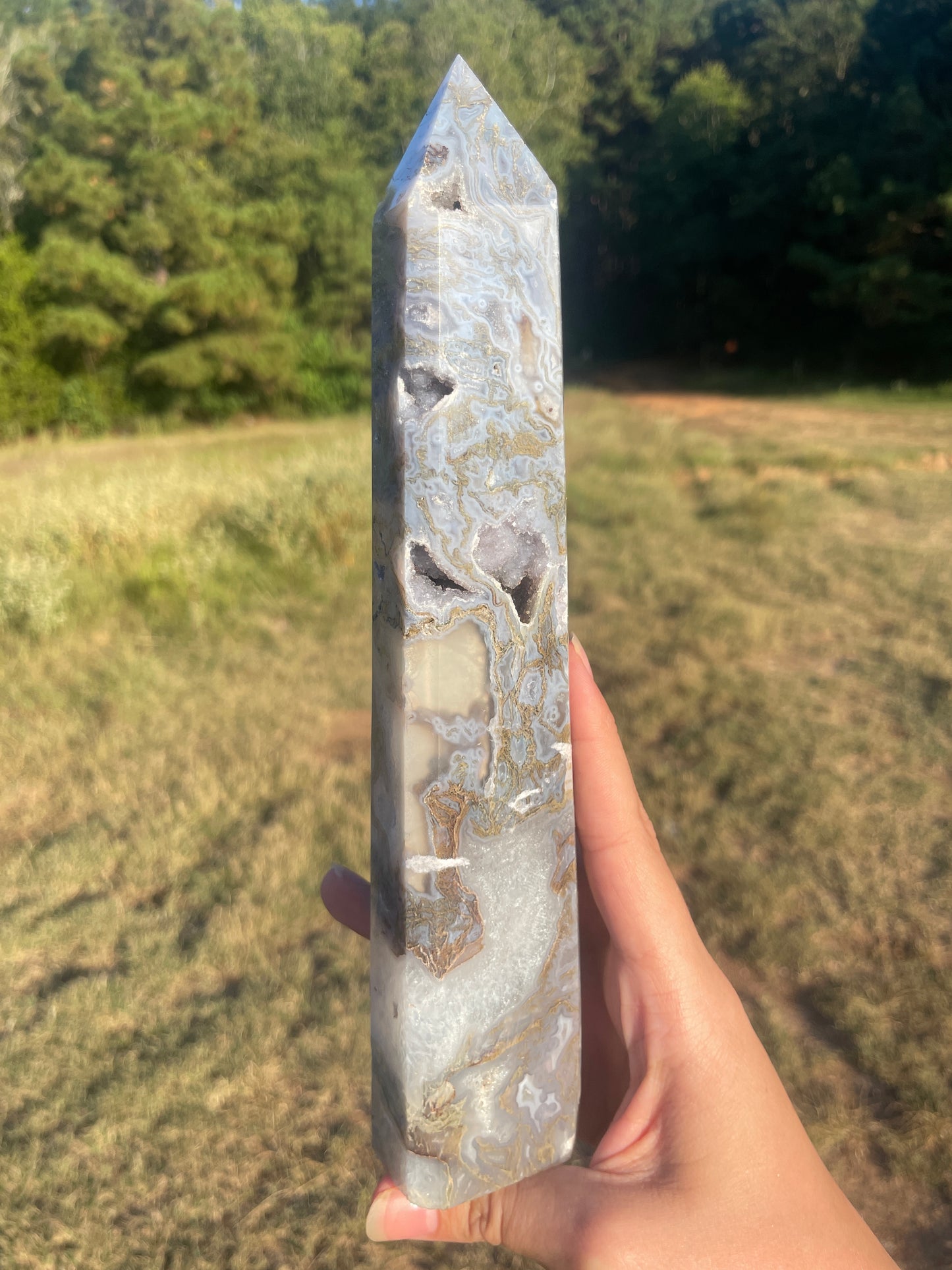 Large Druzy Moss agate tall tower