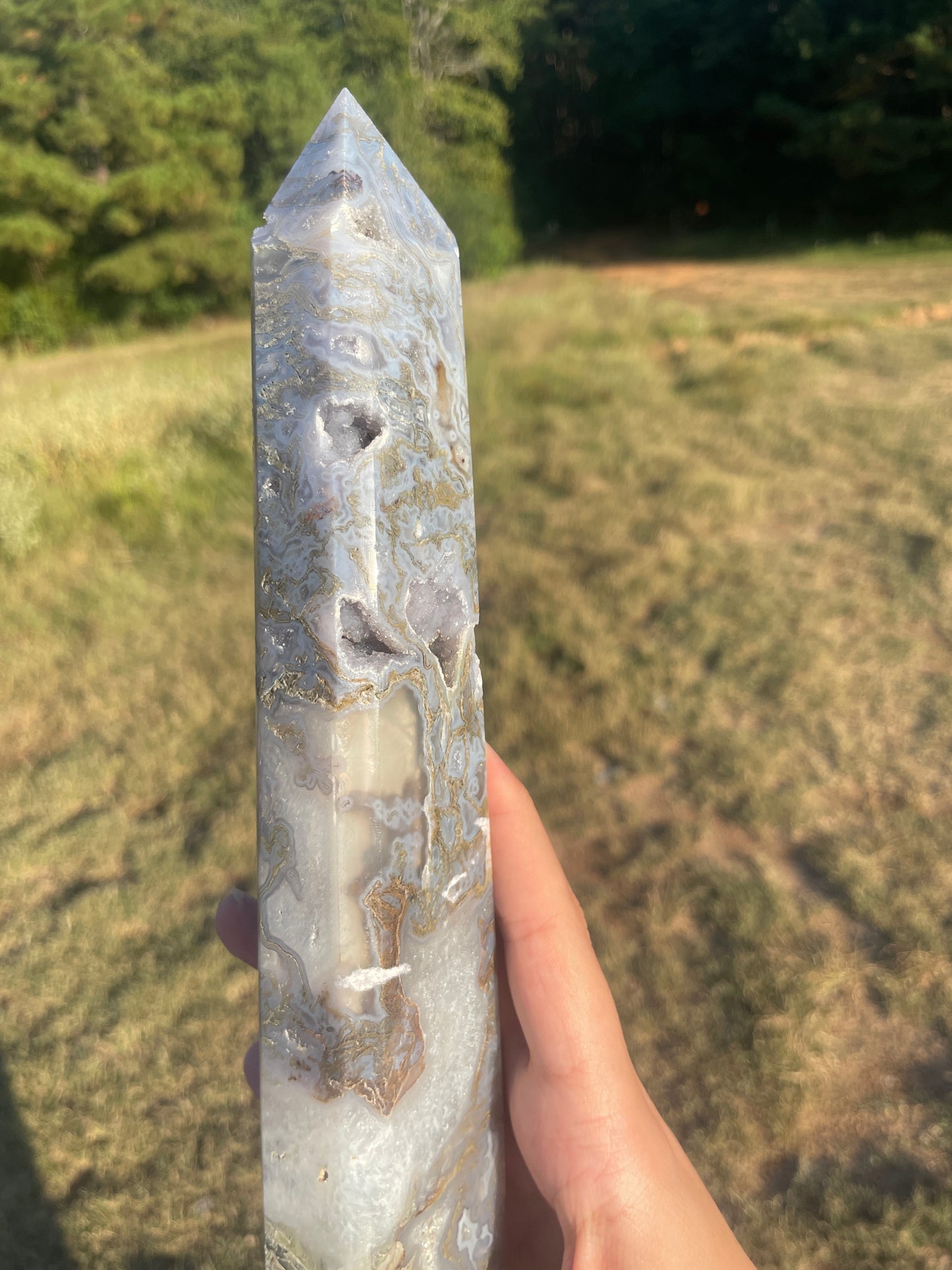 Large Druzy Moss agate tall tower