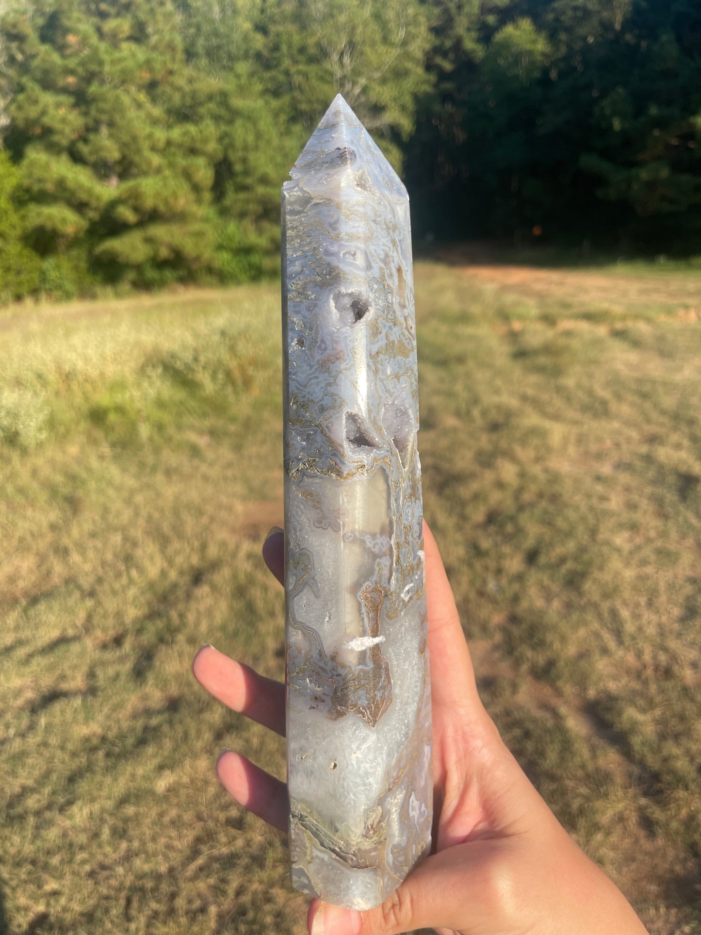 Large Druzy Moss agate tall tower
