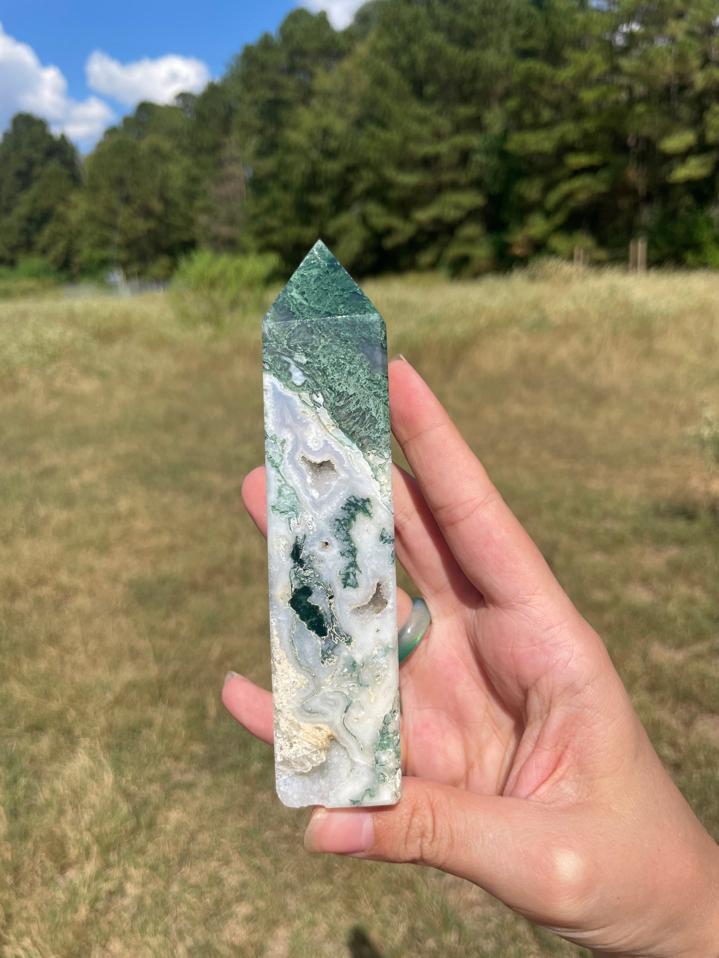 Large Druzy Moss Agate tower (imperfect)