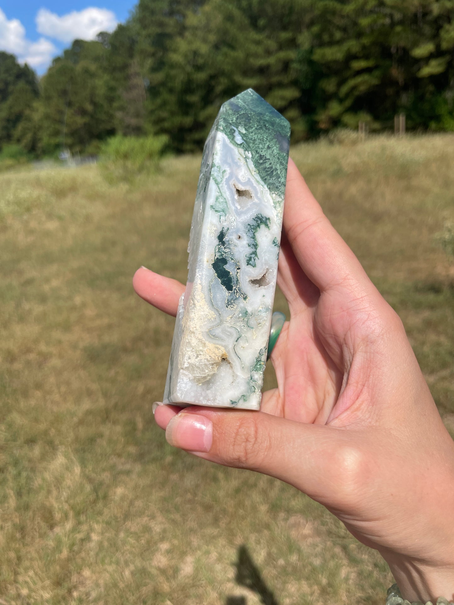 Large Druzy Moss Agate tower (imperfect)