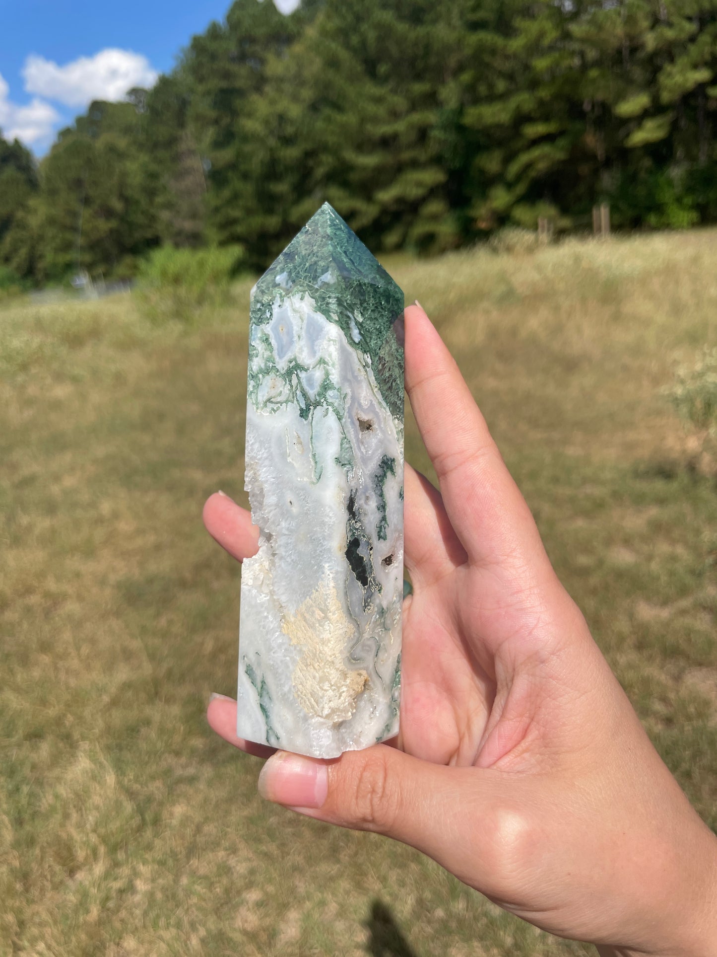 Large Druzy Moss Agate tower (imperfect)