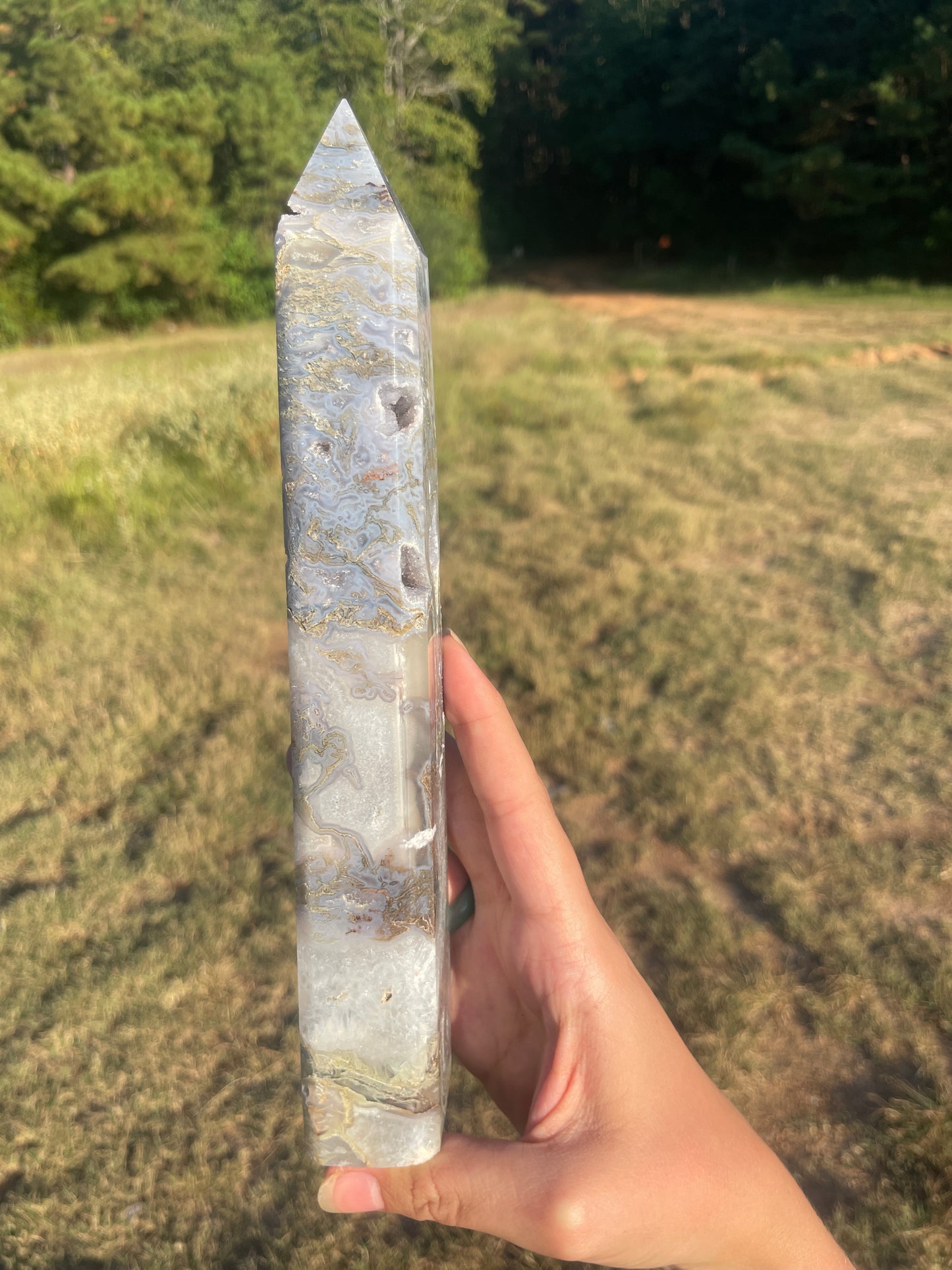 Large Druzy Moss agate tall tower