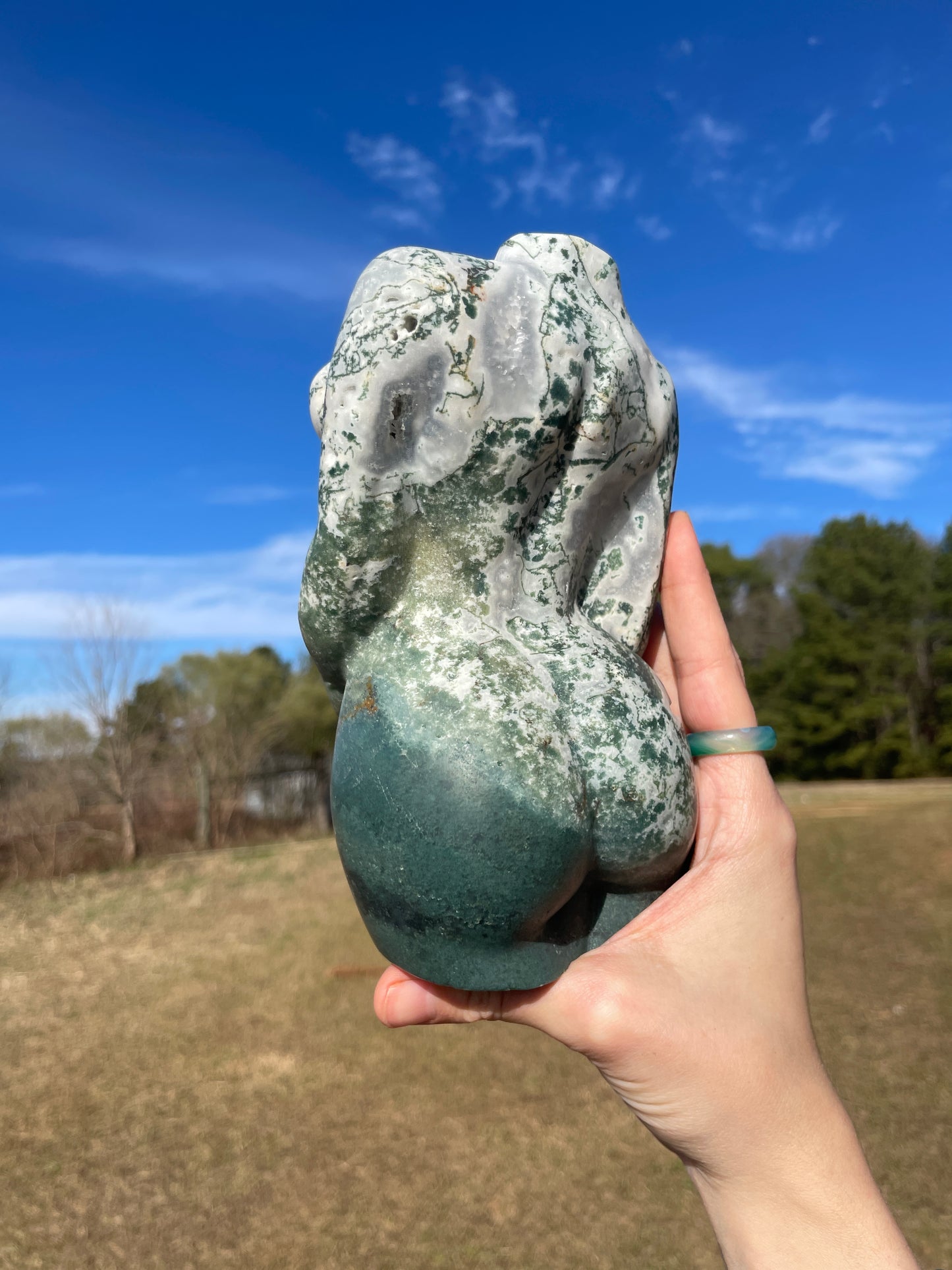 XXL Druzy Moss Agate Pregnant Goddess Carving (lady body)