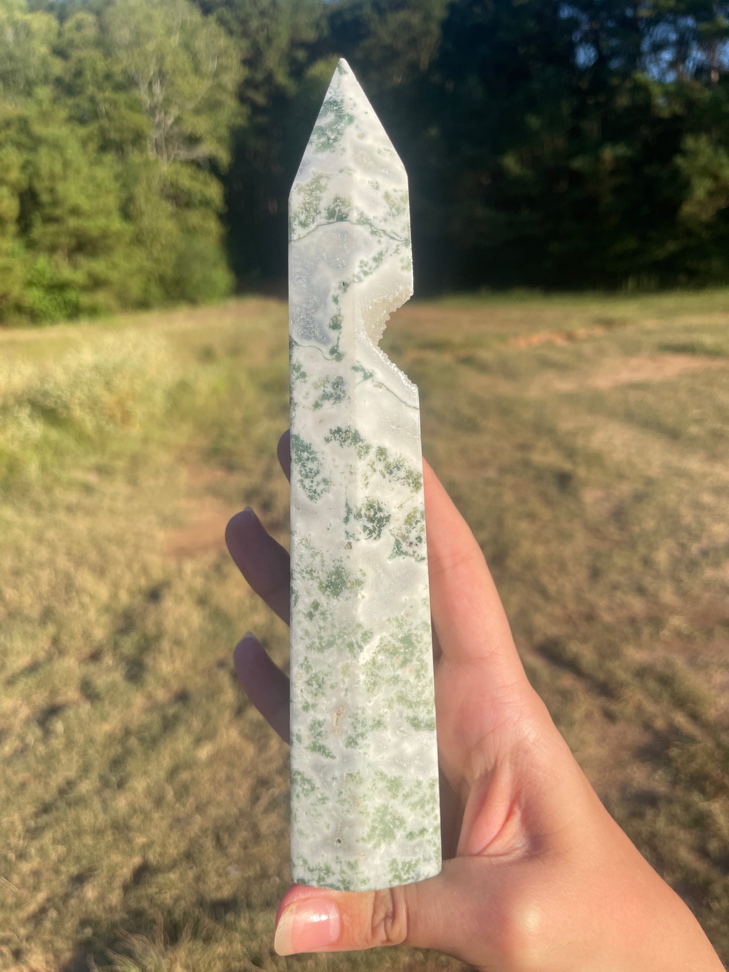 Large druzy moss agate tall tower