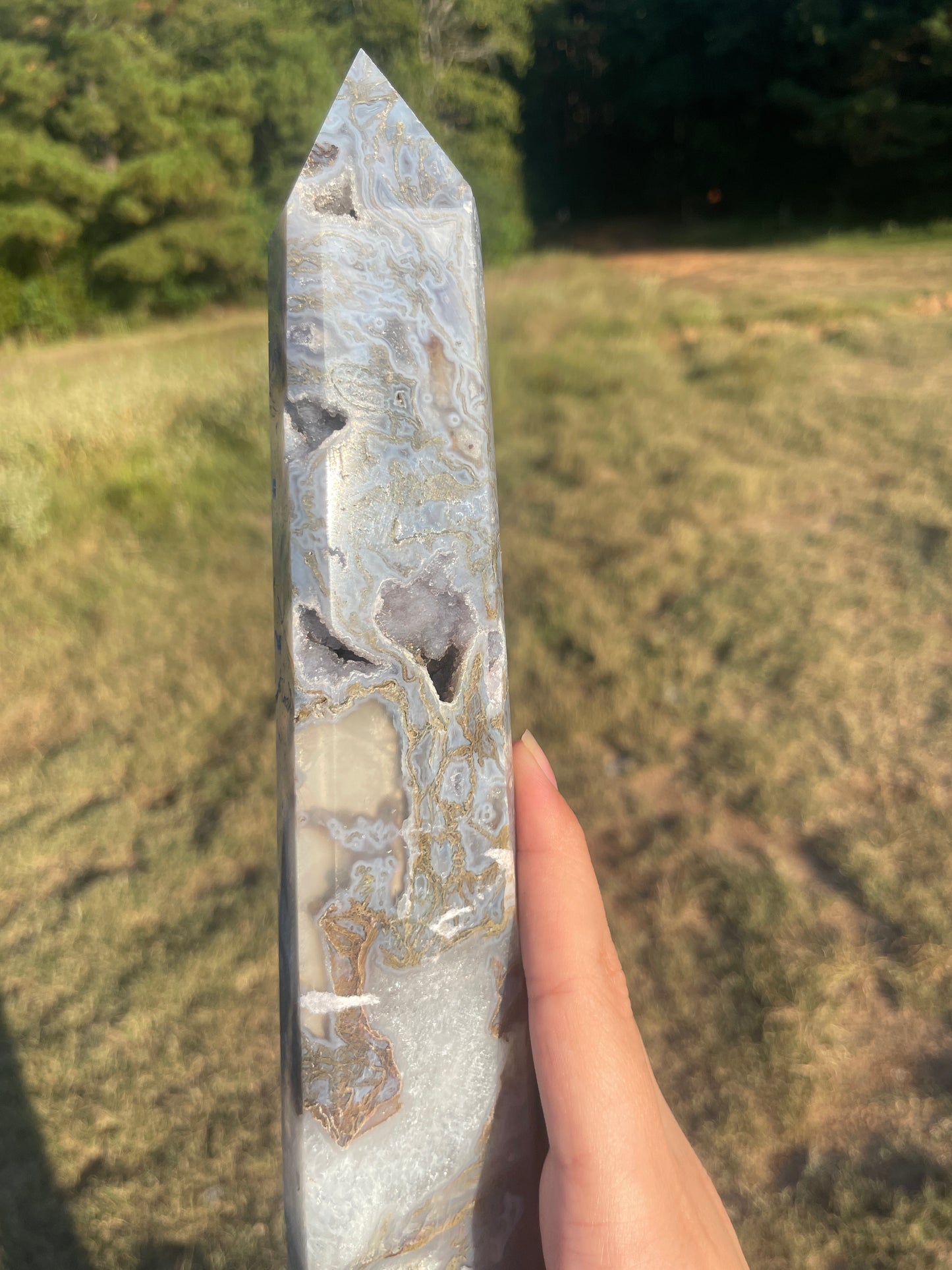 Large Druzy Moss agate tall tower