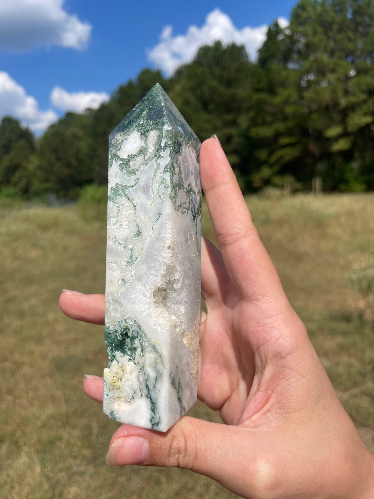 Large Druzy Moss Agate tower (imperfect)