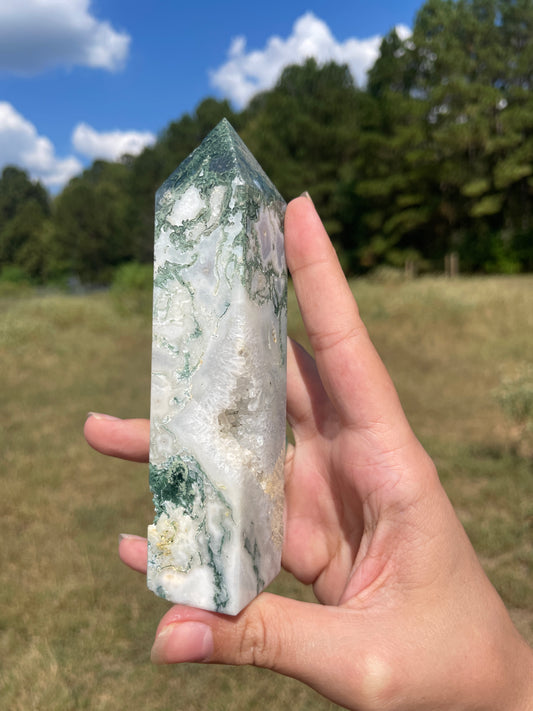 Large Druzy Moss Agate tower (imperfect)