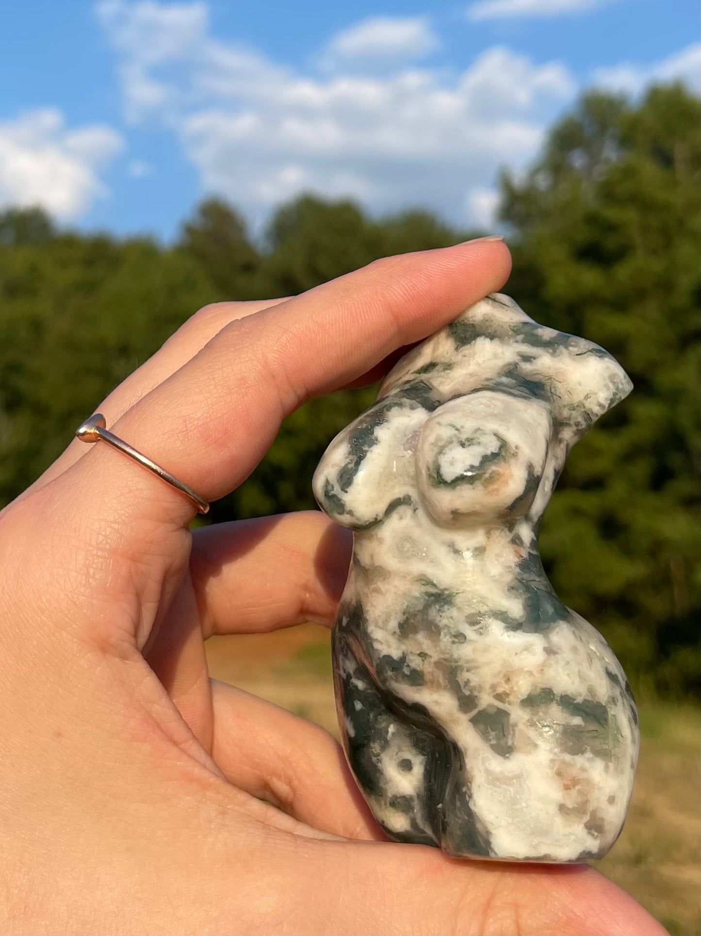 Druzy Moss Agate Goddess body carving