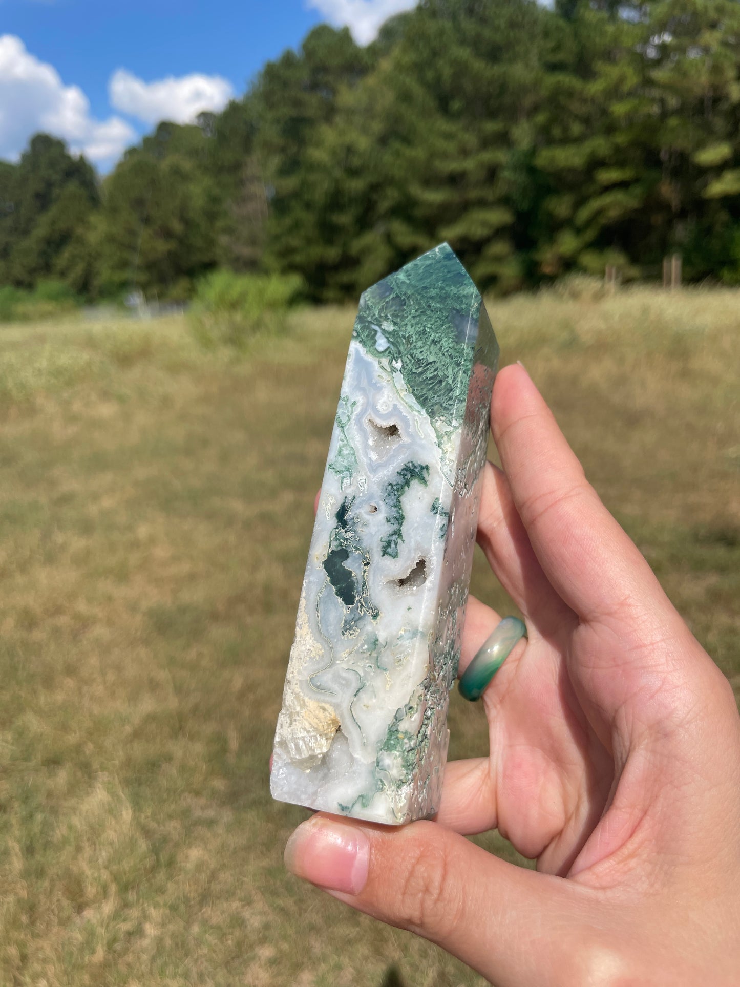 Large Druzy Moss Agate tower (imperfect)