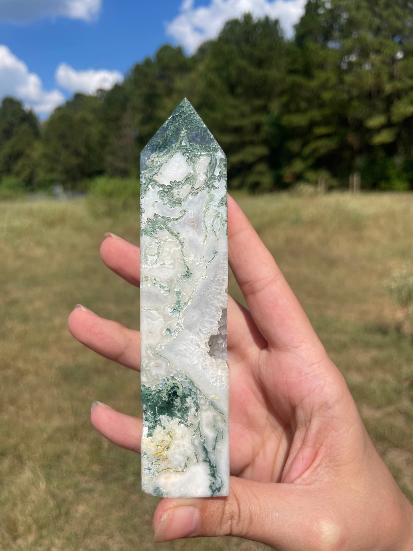 Large Druzy Moss Agate tower (imperfect)