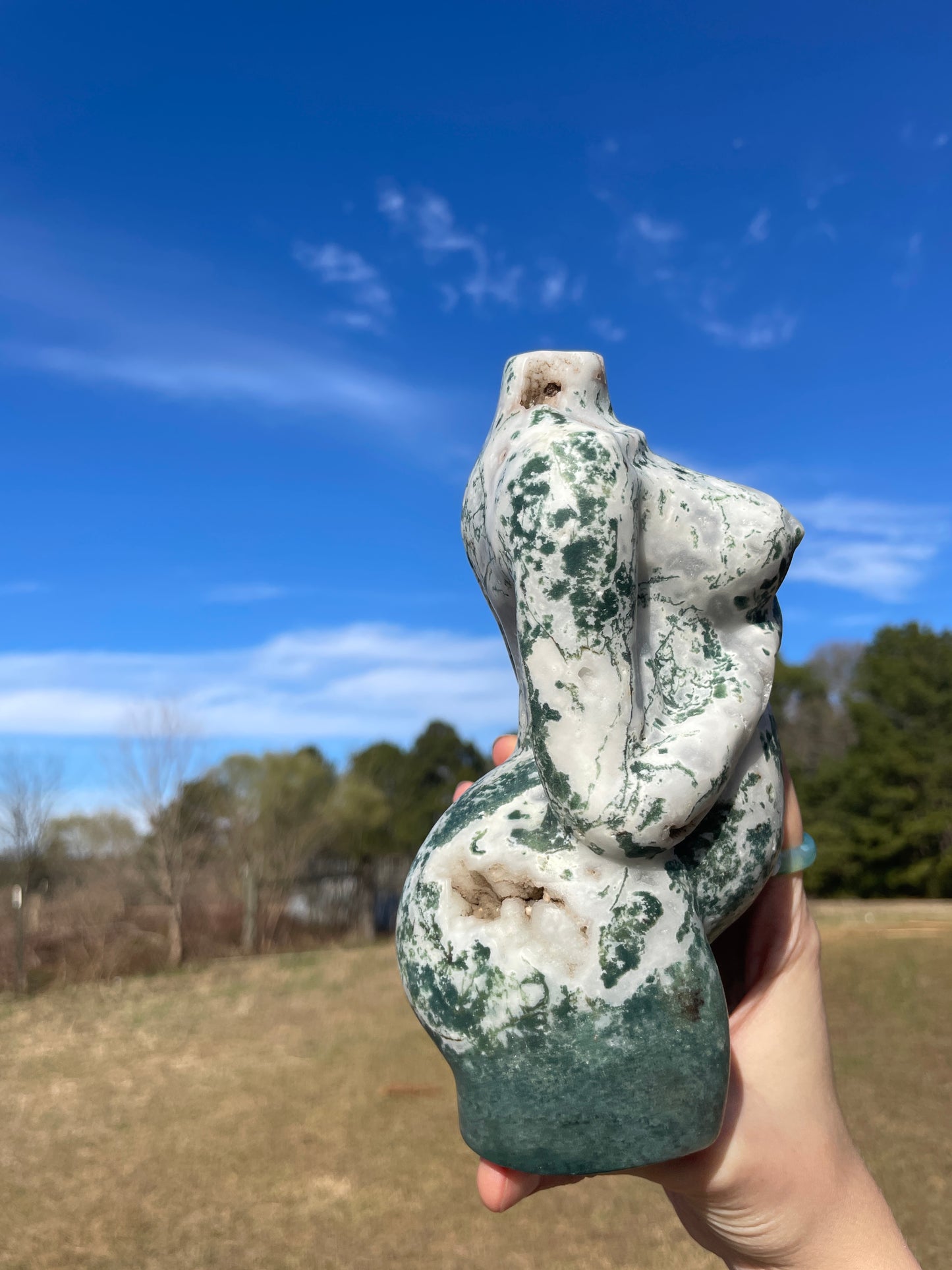 XXL Druzy Moss Agate Pregnant Goddess Carving (lady body)